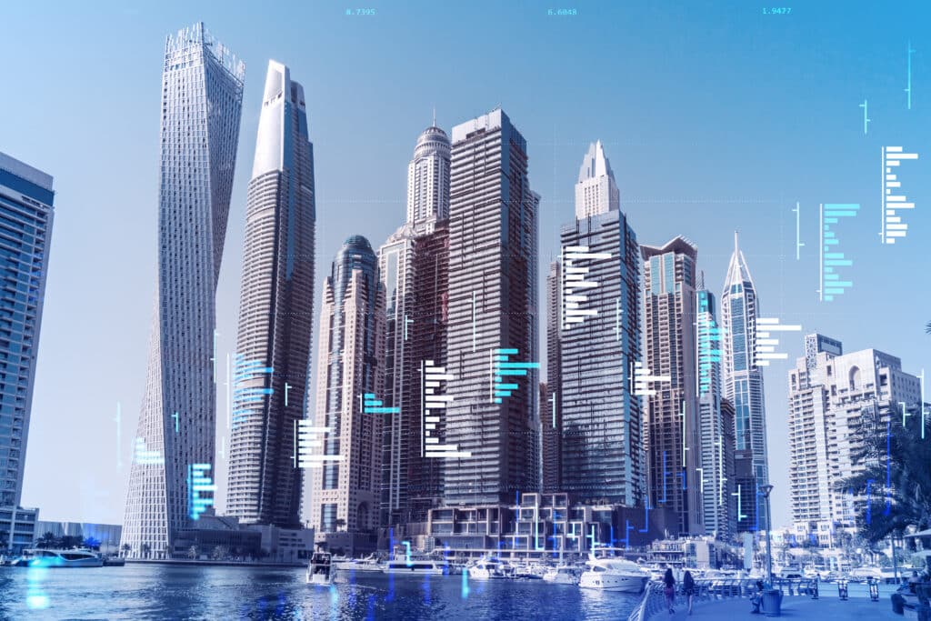 Skyline de Dubai Marina avec gratte-ciel modernes et plan d'eau. Graphiques et données financières numériques superposés.