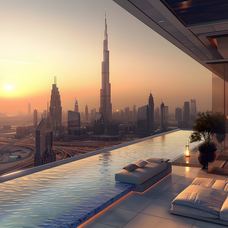 Piscine à débordement sur toit avec vue sur la skyline de Dubai au coucher du soleil, incluant le Burj Khalifa et la ville.