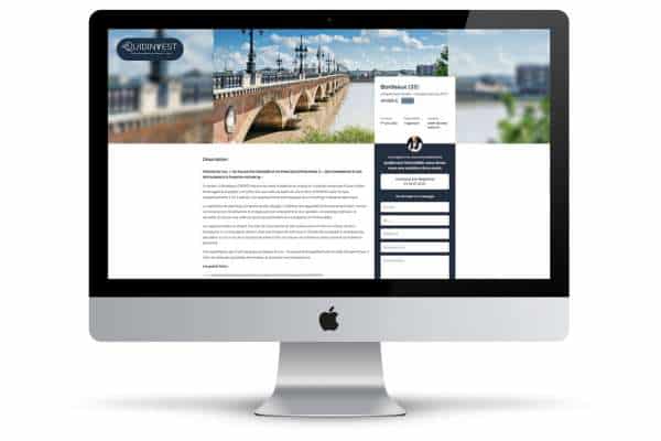 Écran d'iMac affichant le site QUIDINVEST présentant un investissement immobilier à Bordeaux (33) à 60 000 €. Section description et formulaire de contact visible.