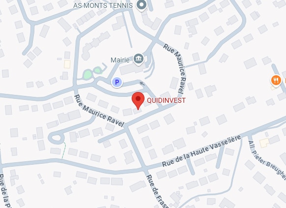 Carte montrant QUIDINVEST (marqueur rouge) Rue Maurice Ravel, près Mairie et AS Monts Tennis. Rues Haute Vasselière, Frascati visibles.