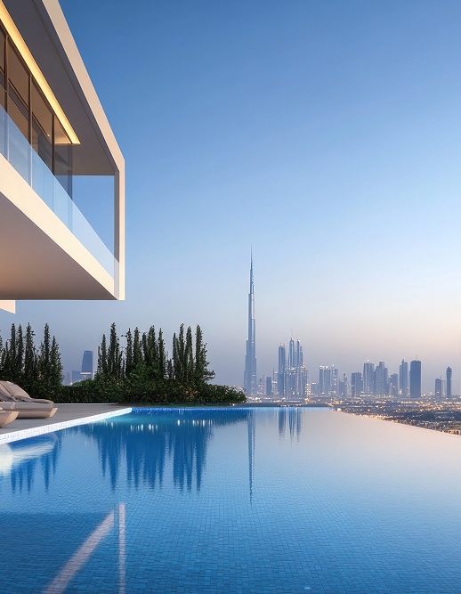 Piscine à débordement moderne avec vue sur la skyline de Dubaï et le Burj Khalifa au coucher du soleil.