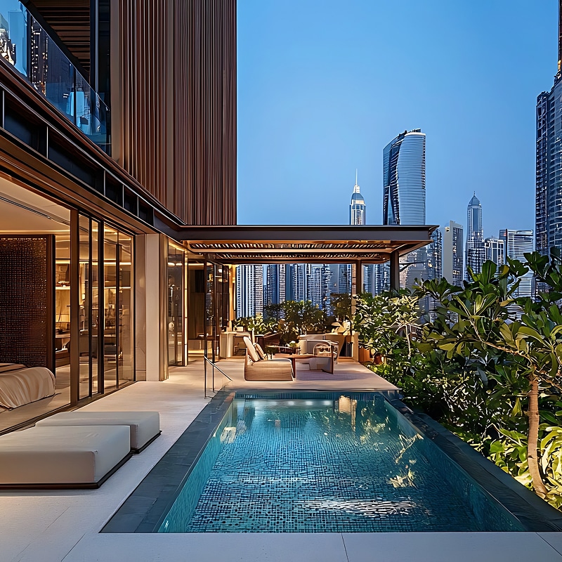 Luxueuse terrasse moderne avec piscine privée, vue imprenable sur la ville illuminée au crépuscule. Espace salon extérieur.