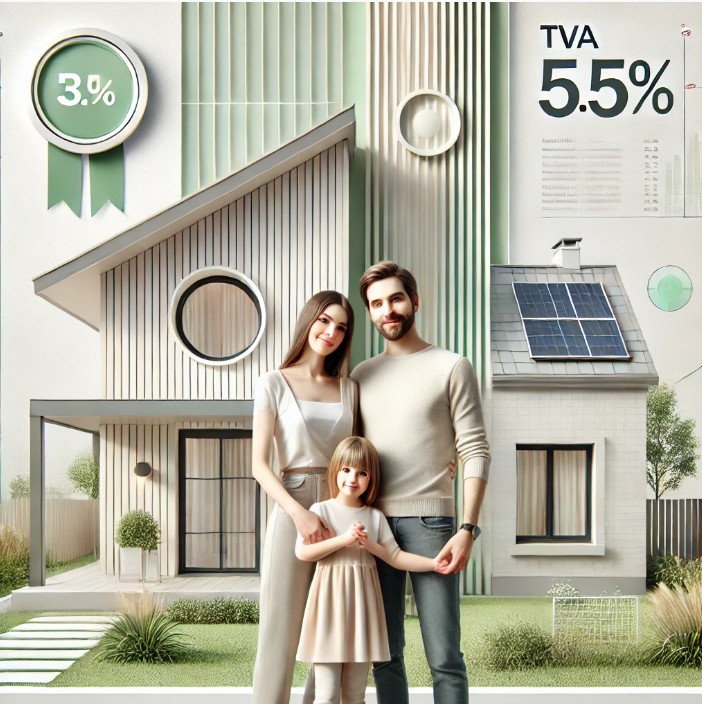 Famille souriante devant une maison moderne aux panneaux solaires. Taux affiché 3.3%, TVA 5.5%. Économies et durabilité.
