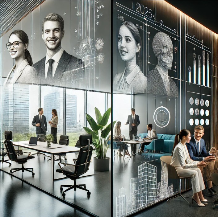 Bureau moderne vitré avec vue ville. Des professionnels conversent près d'une table et dans un salon. Écrans holographiques avec visages, données et '2025'.
