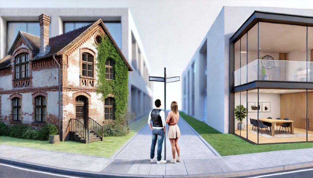 Couple au carrefour, face à une maison ancienne en briques et un bâtiment moderne en verre, symbolisant un choix entre tradition et modernité.