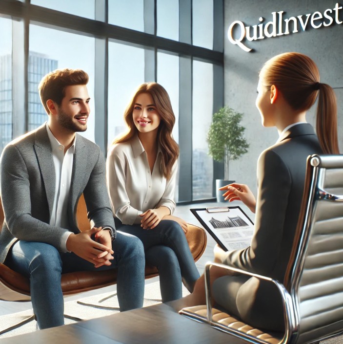 Couple souriant rencontrant un conseiller QuidInvest dans un bureau moderne. Le conseiller présente un document d'investissement.