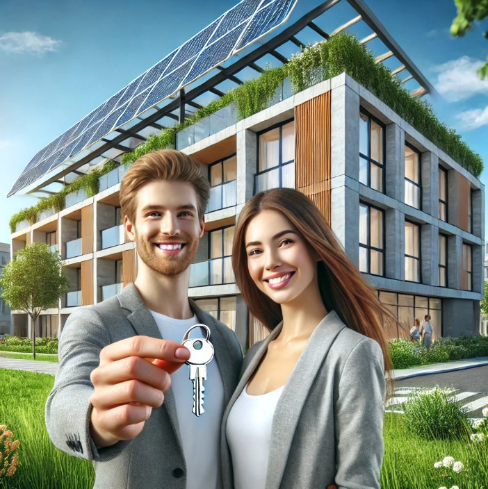 Couple souriant tient une clé devant un immeuble moderne avec panneaux solaires et verdure. Logement durable.