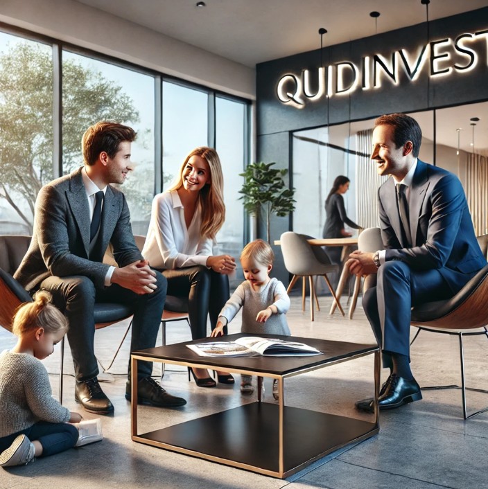 Famille souriante discutant avec un conseiller Quidinvest dans un bureau moderne. Deux enfants jouent au sol, l'un lit un livre. Ambiance positive.