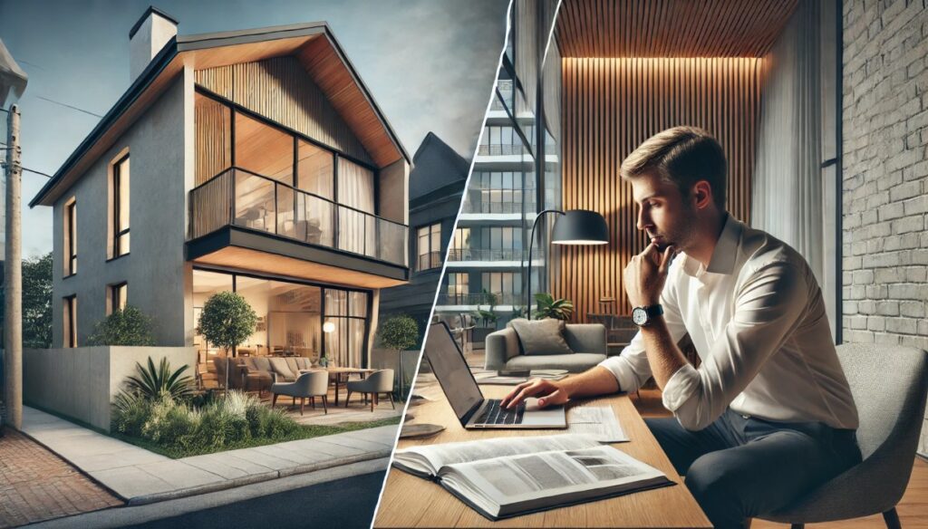 Diptyque: maison moderne avec façade claire et balcon; homme en chemise travaillant sur un ordinateur portable dans un bureau chic.