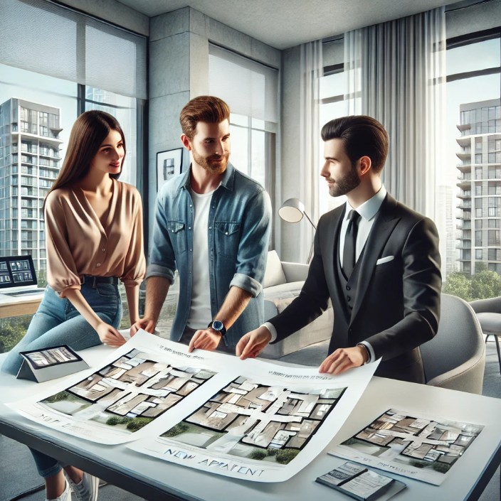 Trois professionnels examinent des plans d'appartement "NEW APARTMENT" sur une table dans un bureau moderne avec vue sur la ville.